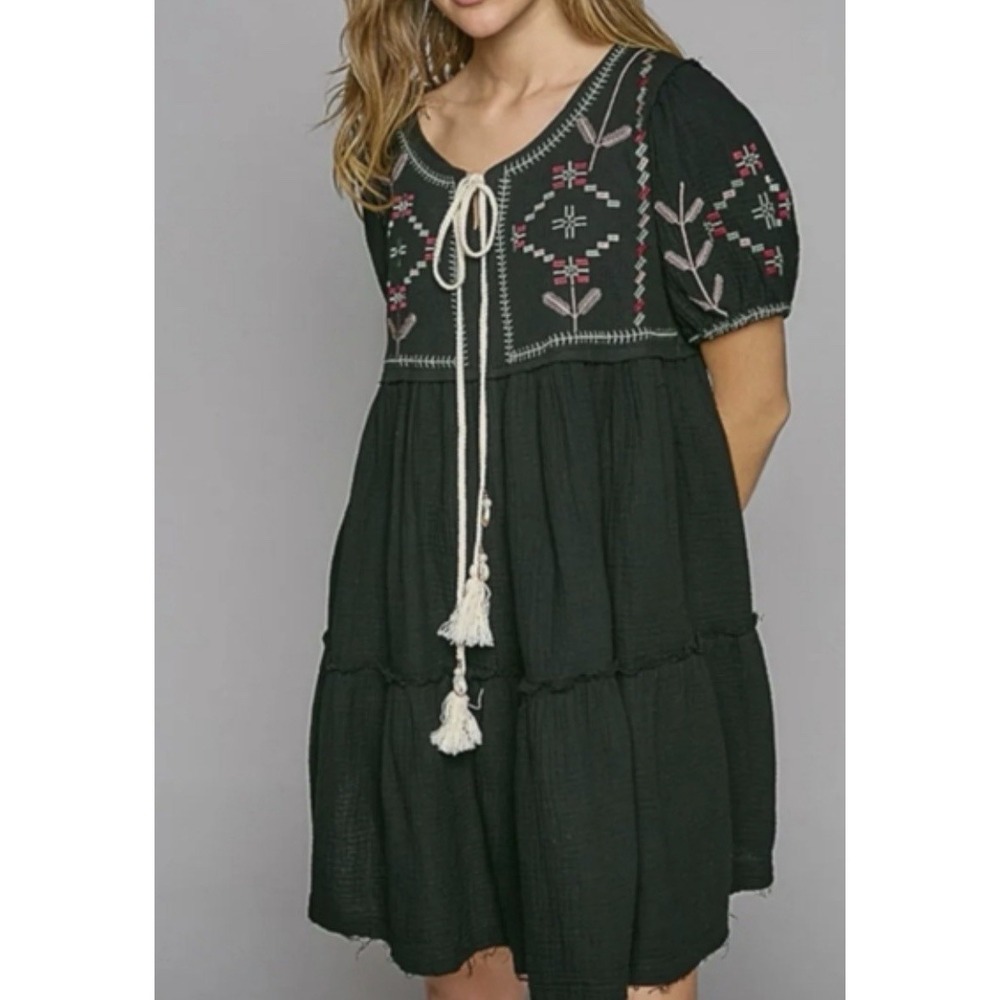 POL Mini Dress Women's Size Medium Black Embroidered Puff Sleeve Gauze Tassel